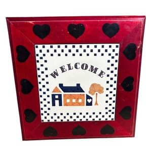 Vintage Yorkcraft Style Welcome Ceramic Tile Trivet Framed Cottage Core 9.5" GUC